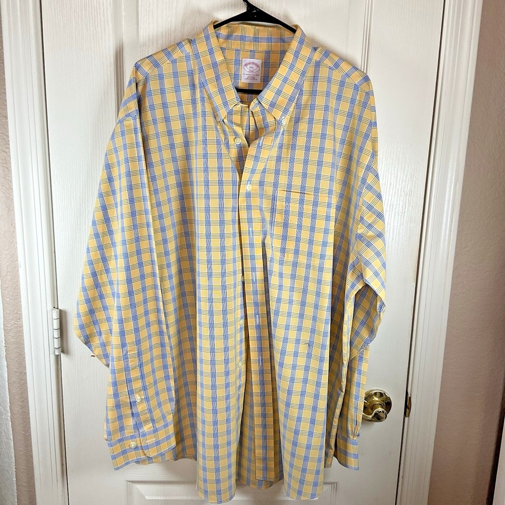 Brooks Brothers 346 Men's XXL Button Up Shirt Yellow Blue White Plaid 100% Cotto